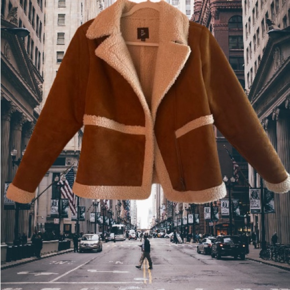Brown Shearling Jacket with White Trim